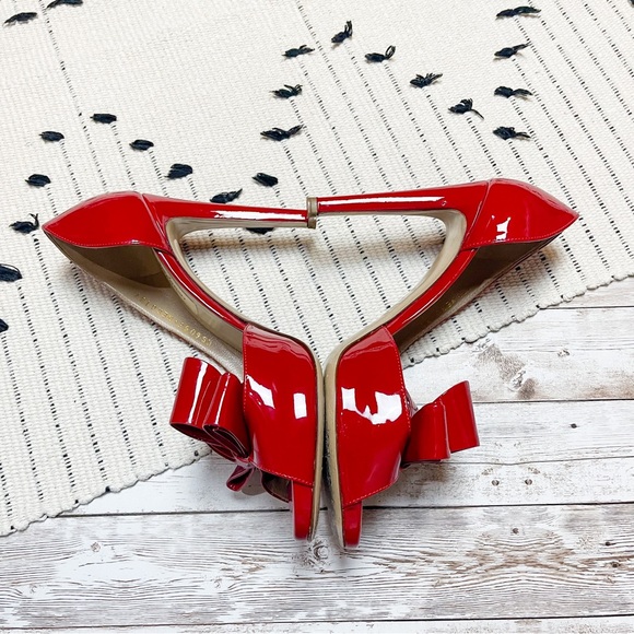 Valentino Patent Couture Bow Peep Toe D’Orsay High Heel Pumps Red Size 37 - Picture 2 of 7